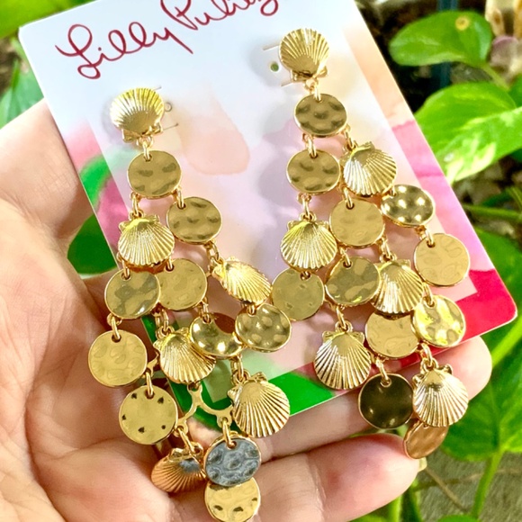 Lilly Pulitzer EARRINGS NWT BEAUTIFUL GOLD SHELL MARACA DANGLING⭐️PIERCED/POST - Picture 8 of 11
